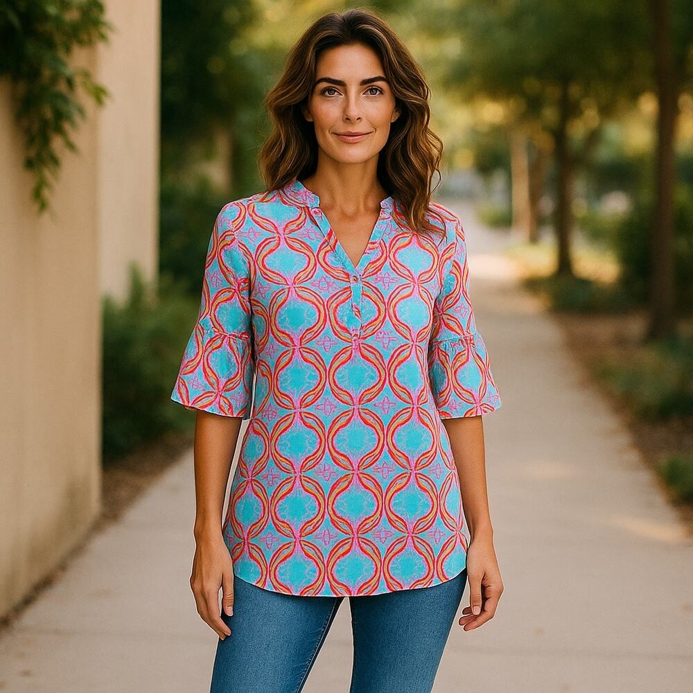 Tracy Negoshian Womens Top Size XXS Piper Bell Sleeve Tapestry Turquoise‎ Print